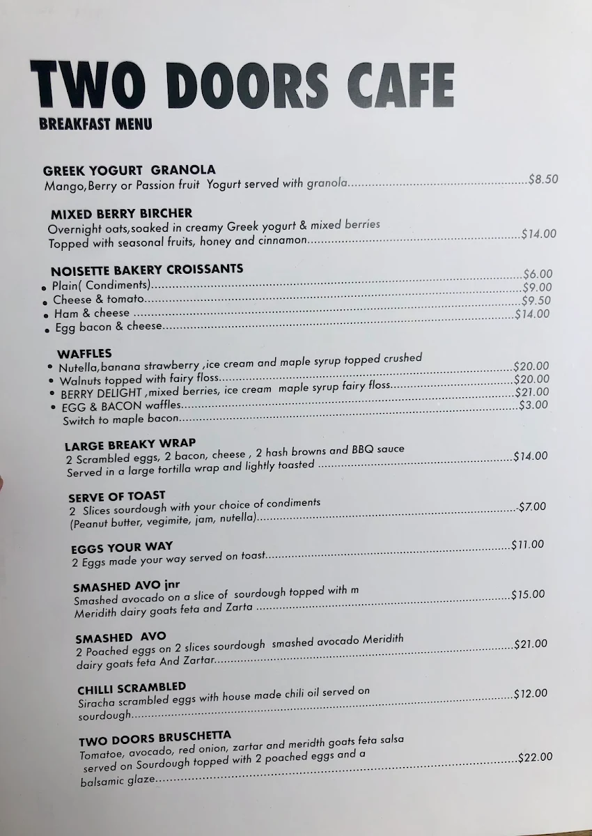 Menu, Two Doors Cafe