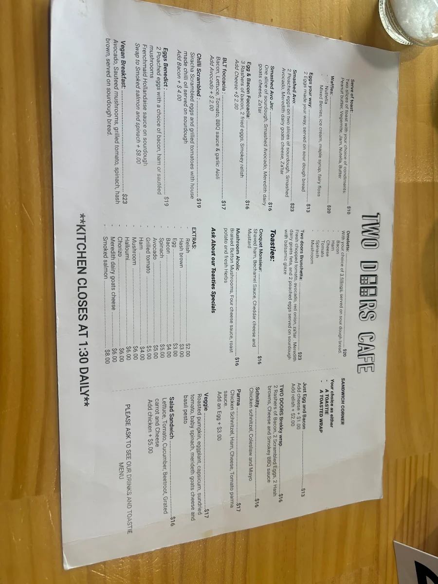 Menu, Two Doors Cafe