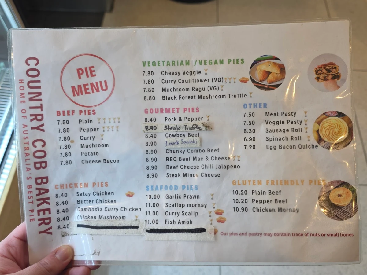 Menu, Country Cob Bakery - Springvale
