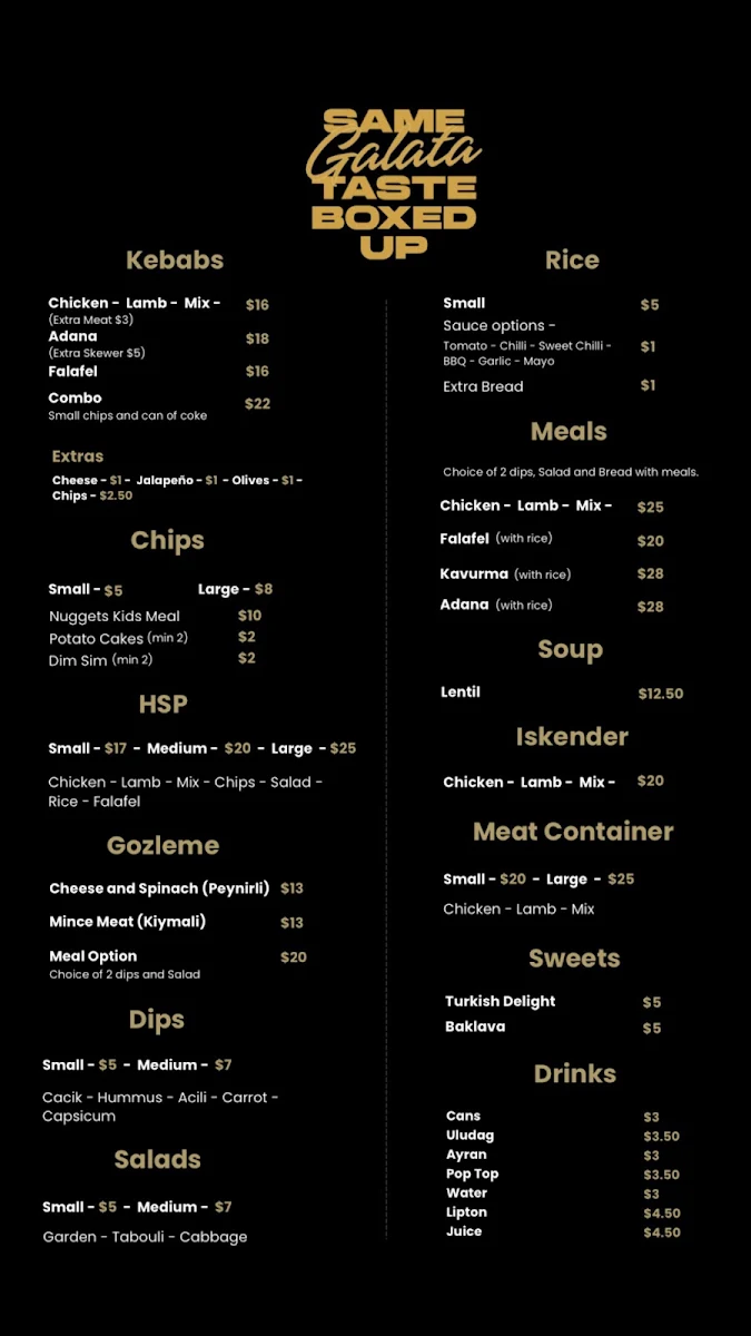 Menu, Galata box melbourne