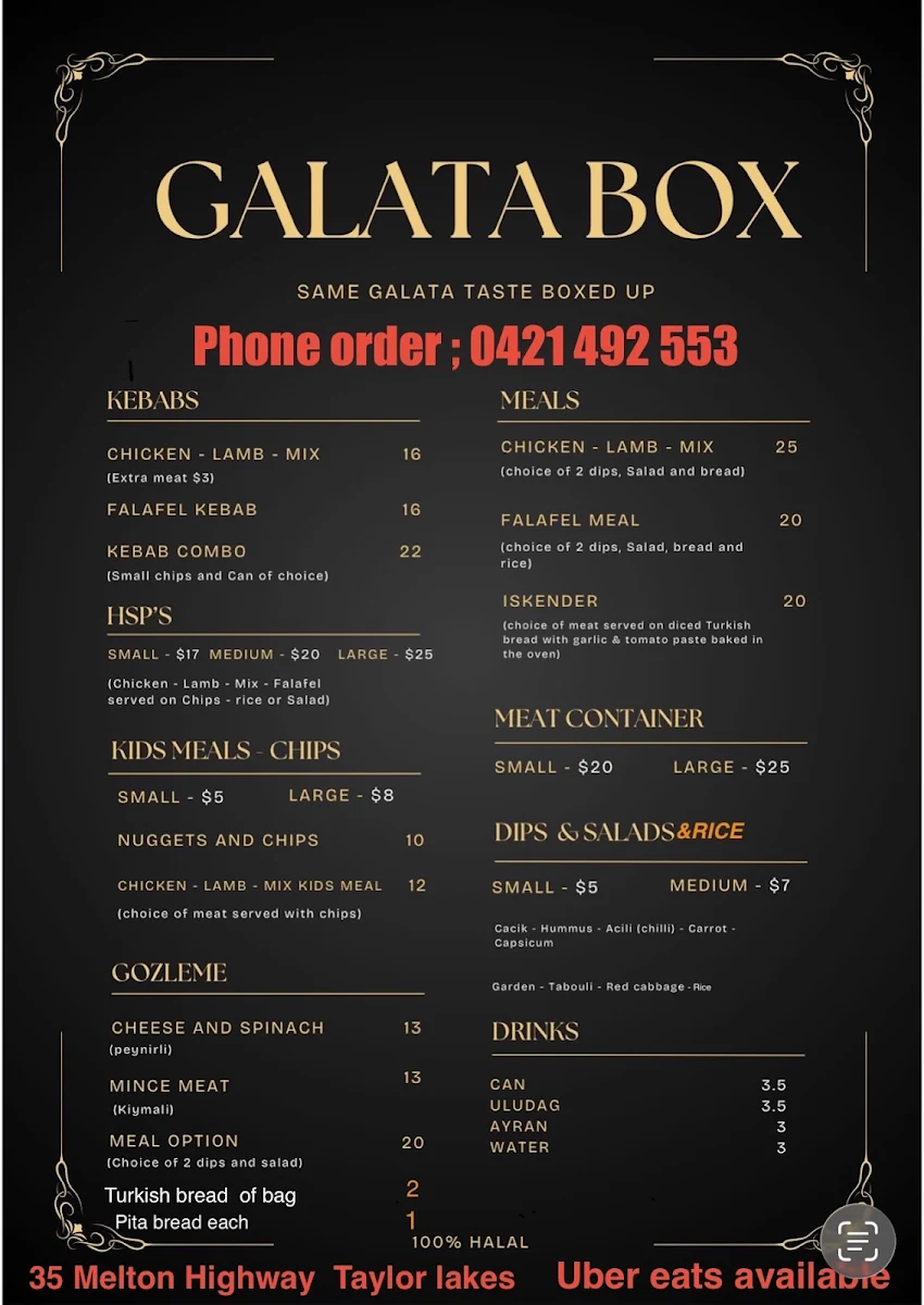 Menu, Galata box melbourne