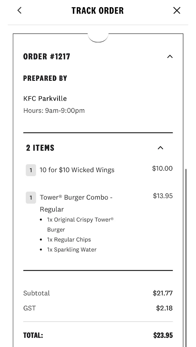 Menu, KFC Parkville