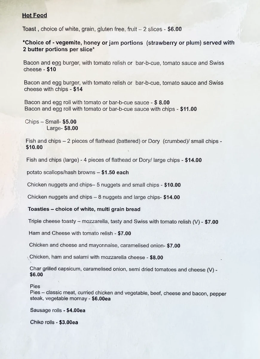 Menu, Hanging Rock Cafe