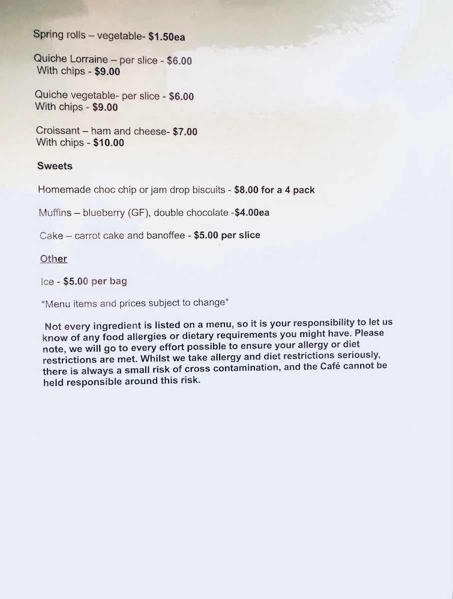 Menu, Hanging Rock Cafe