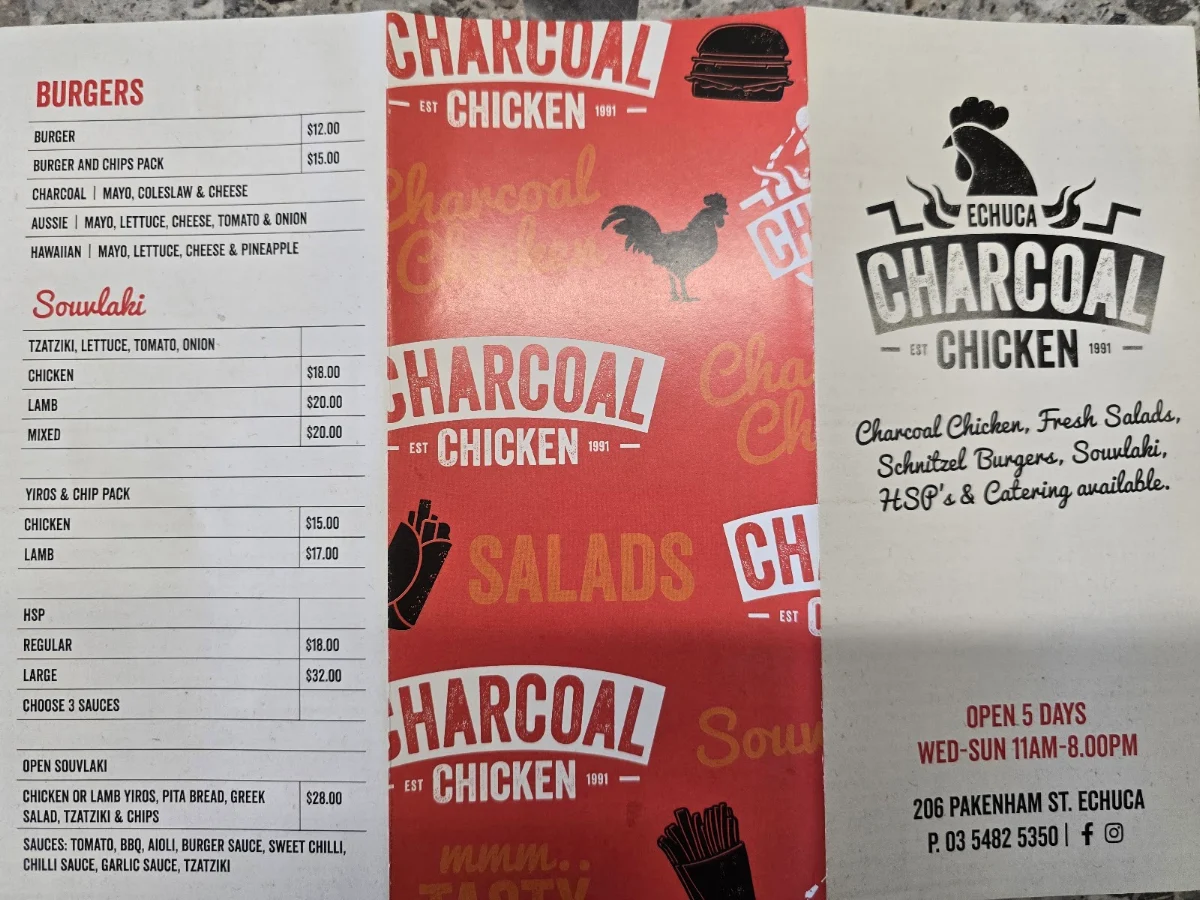 Menu, Echuca Charcoal Chicken