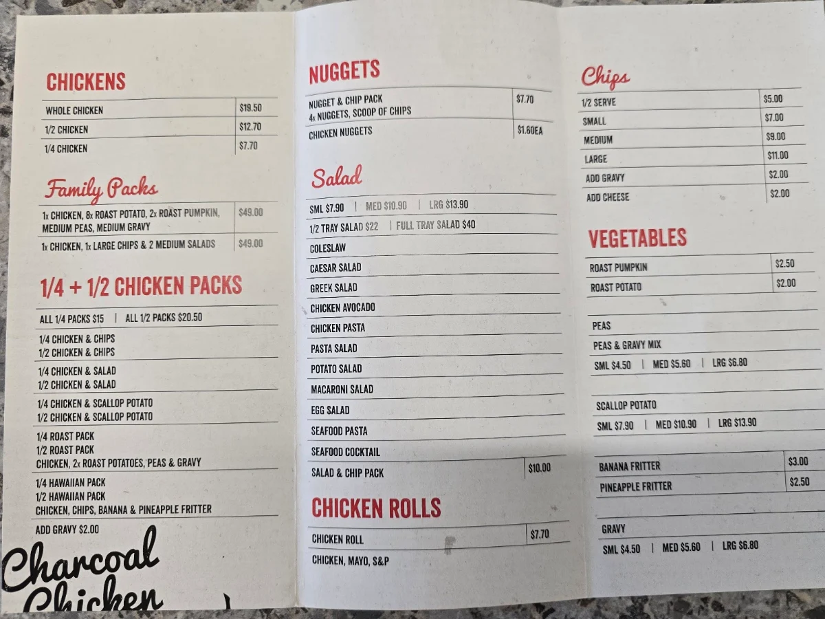 Menu, Echuca Charcoal Chicken