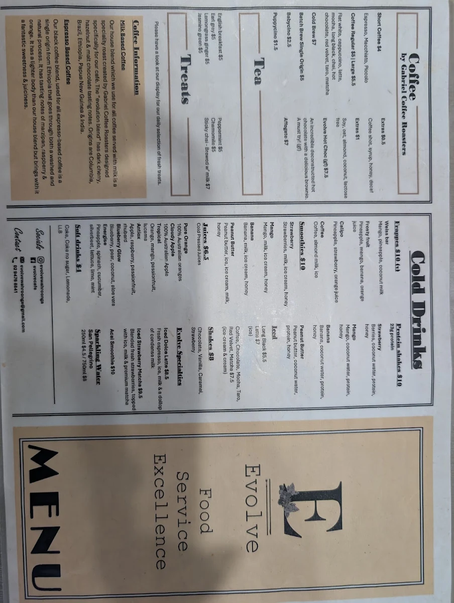 Menu, Evolve Wahroonga