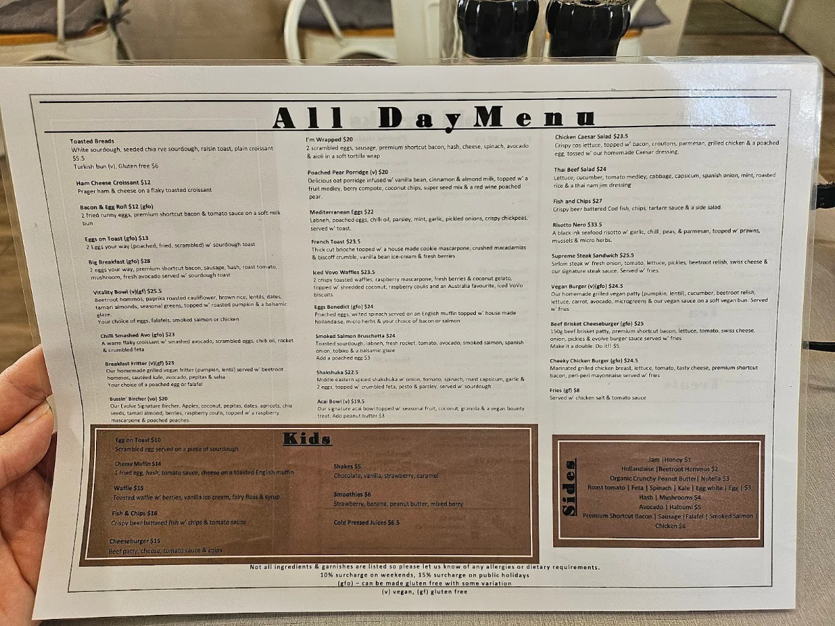 Menu, Evolve Wahroonga