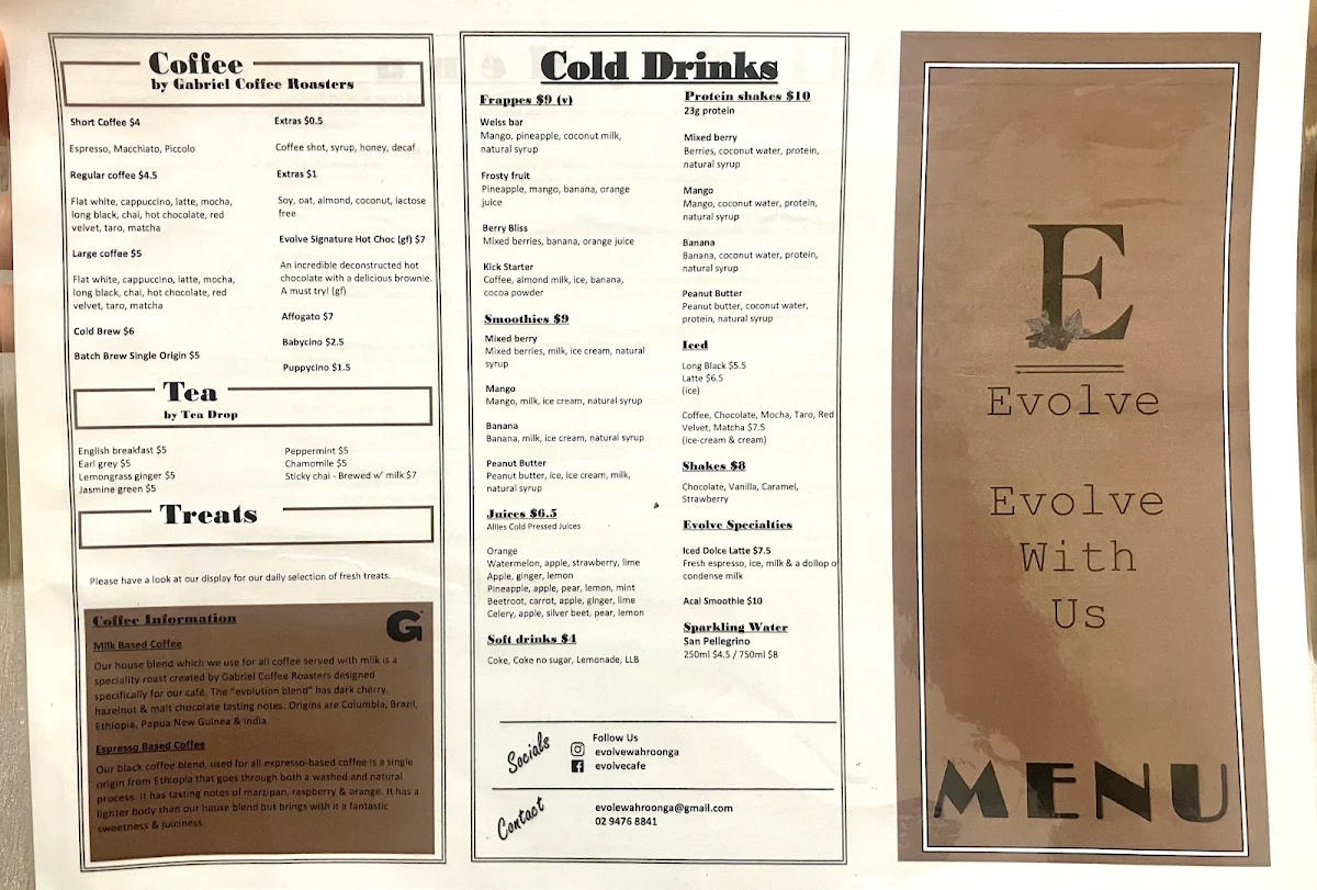 Menu, Evolve Wahroonga