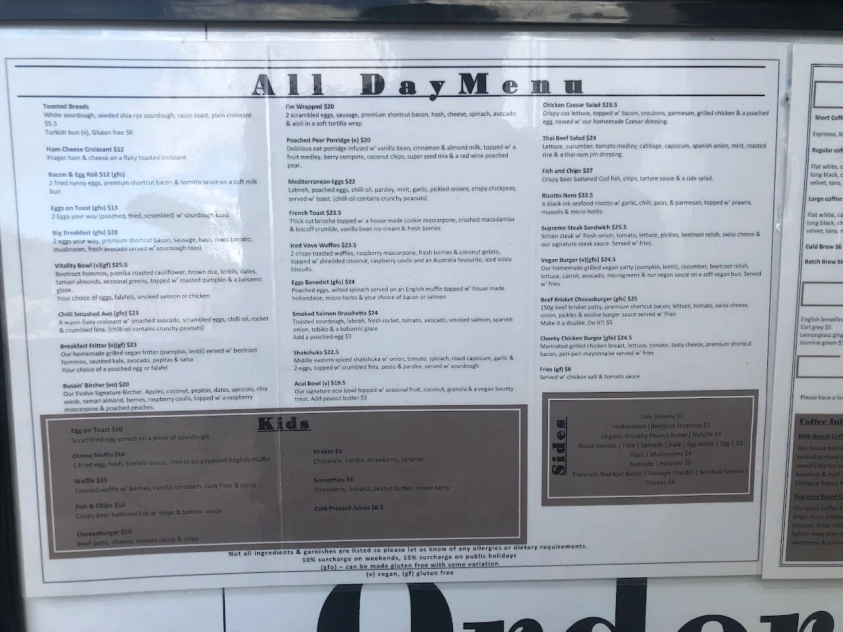 Menu, Evolve Wahroonga