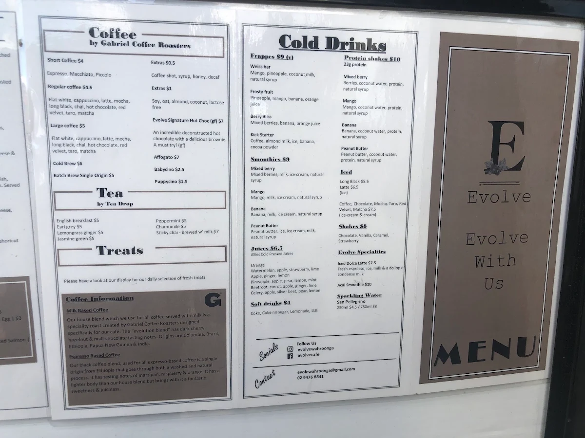 Menu, Evolve Wahroonga