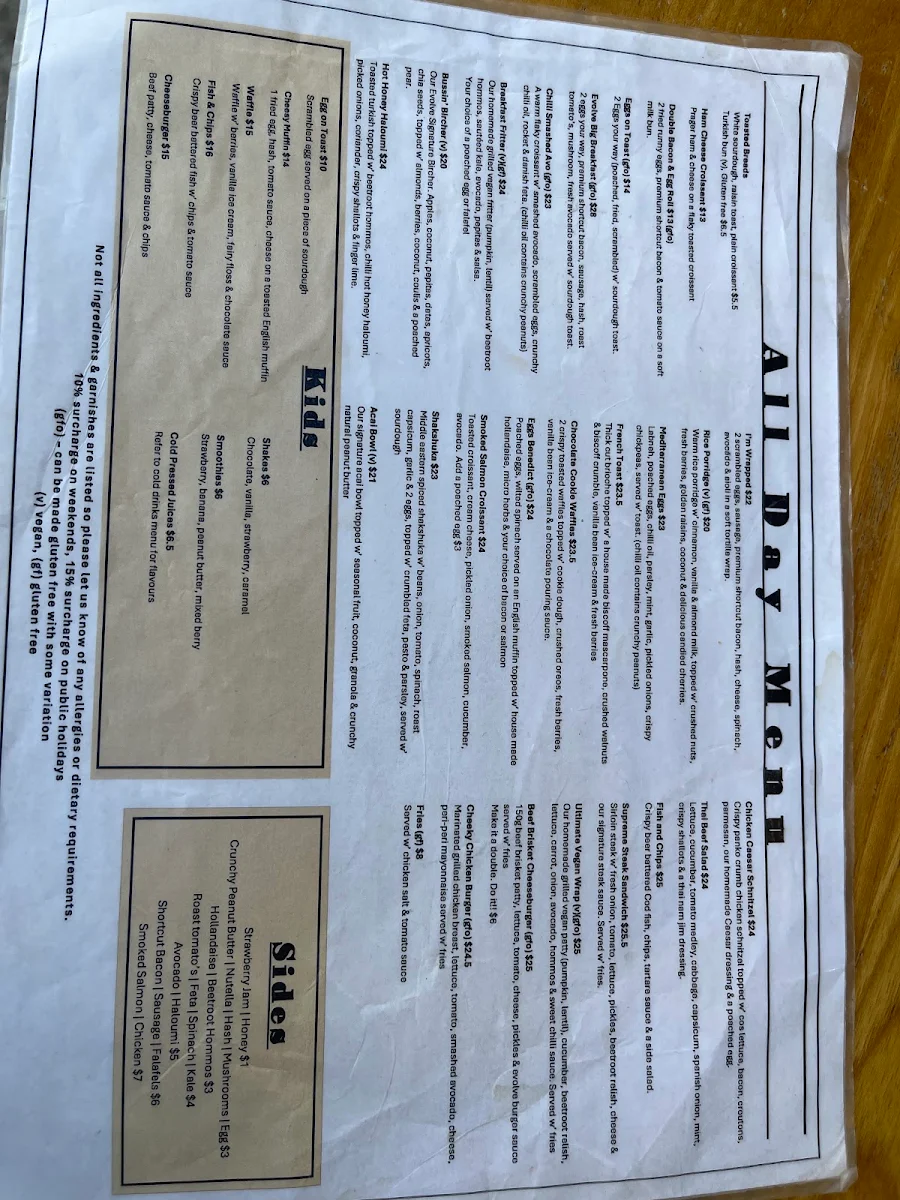 Menu, Evolve Wahroonga