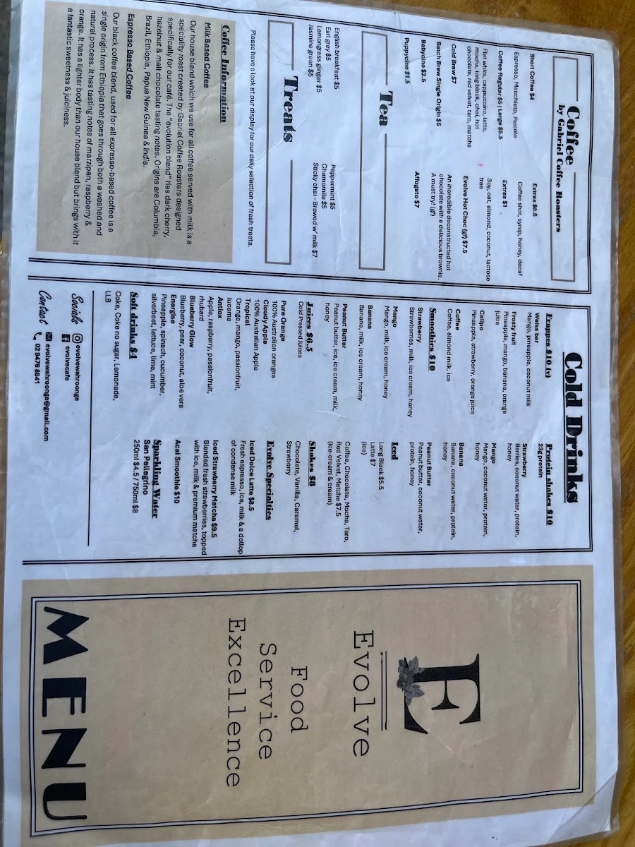 Menu, Evolve Wahroonga