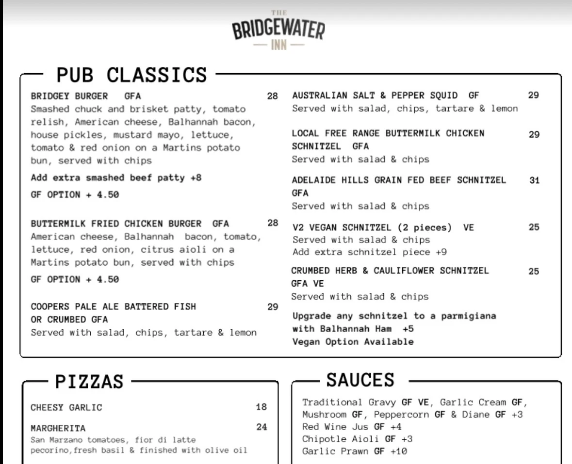 Menu, The Bridgewater Inn