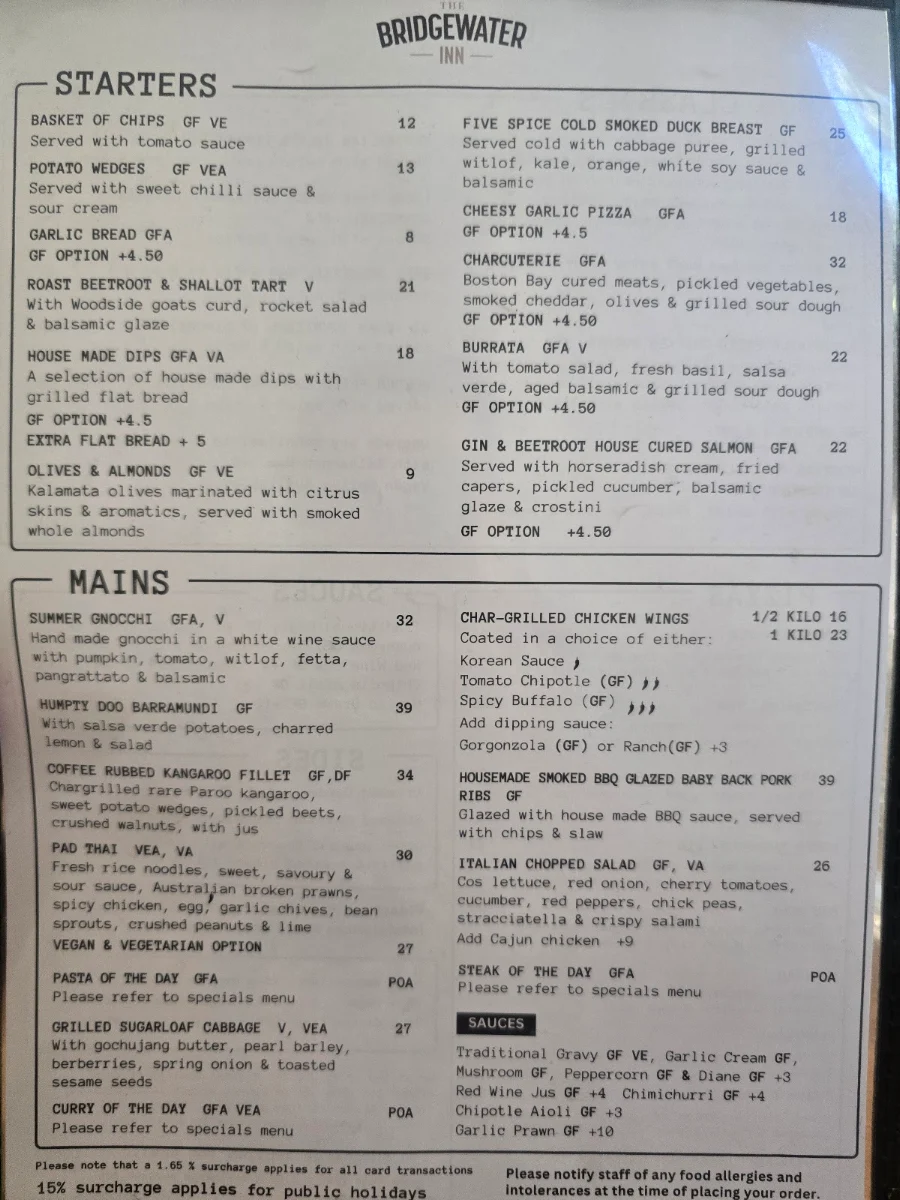 Menu, The Bridgewater Inn