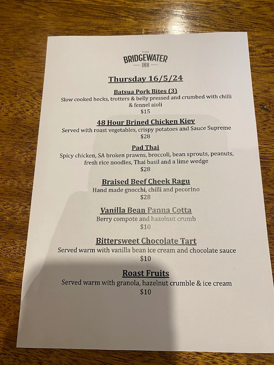 Menu, The Bridgewater Inn