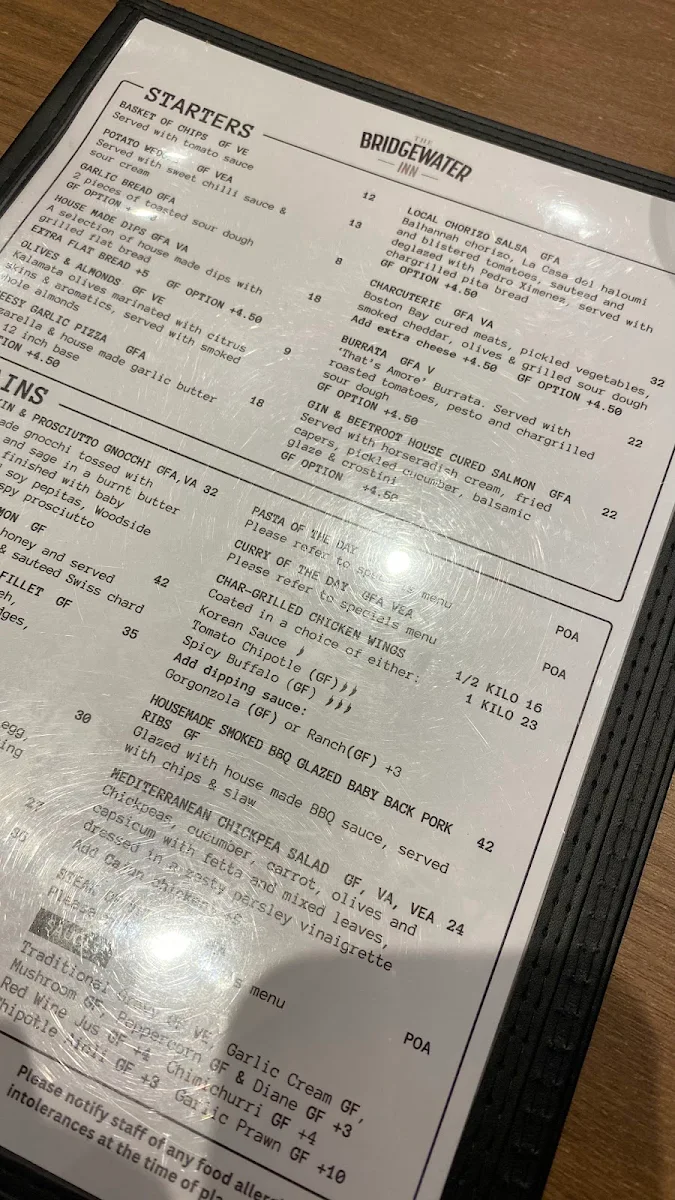 Menu, The Bridgewater Inn