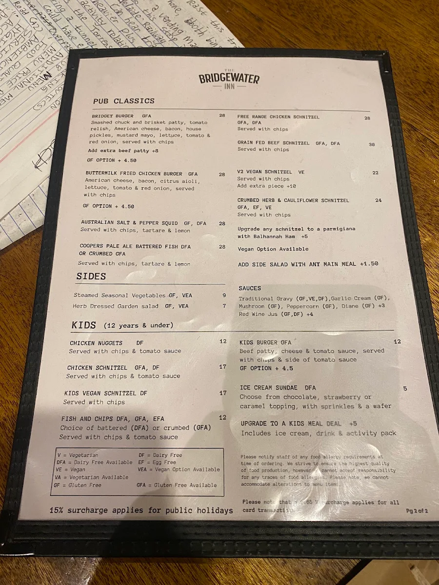 Menu, The Bridgewater Inn