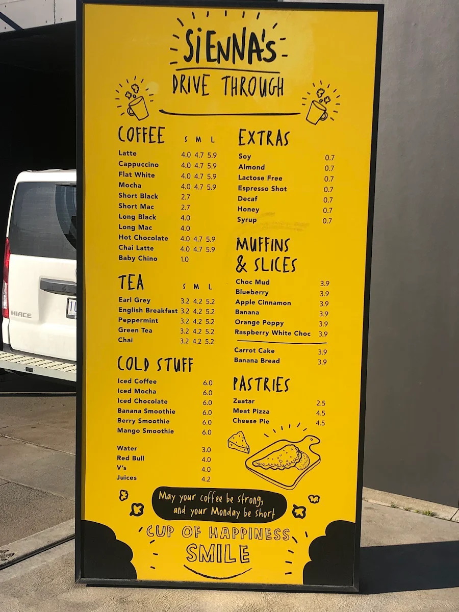 Menu, Sienna's Drive Thru