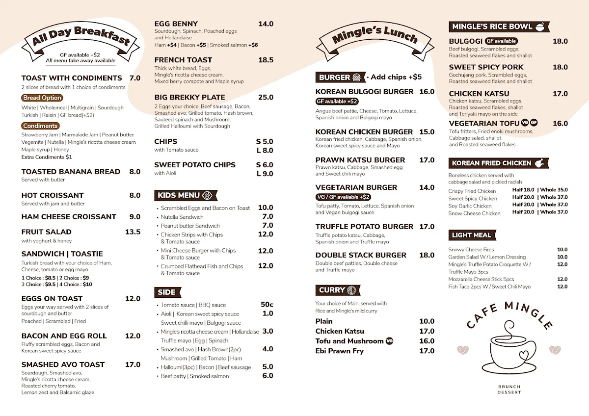 Menu, Cafe mingle