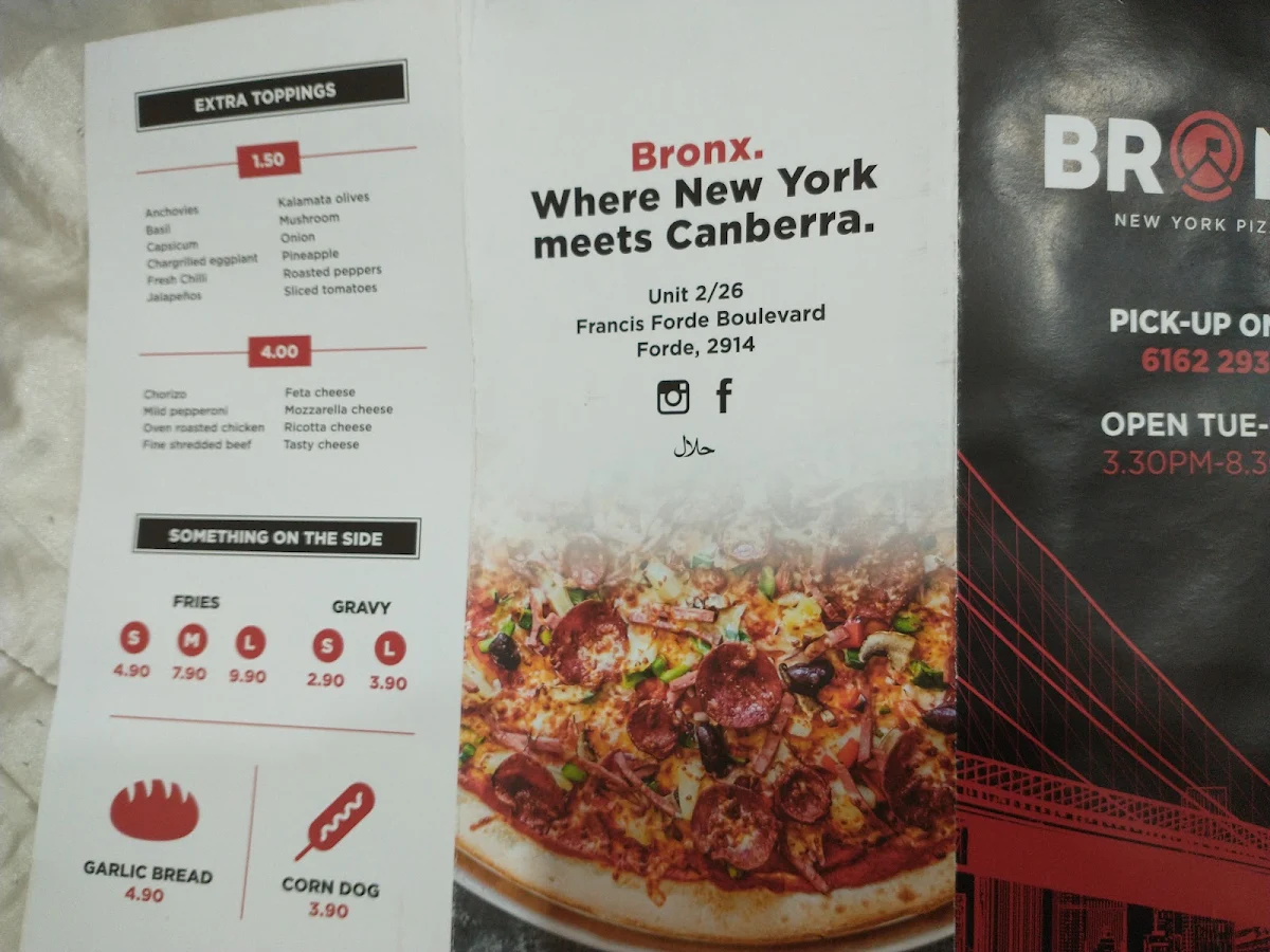 Menu, Bronx Pizza