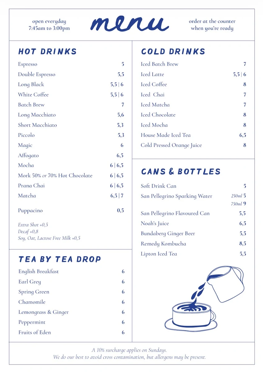 Menu, Cafe Tesorina