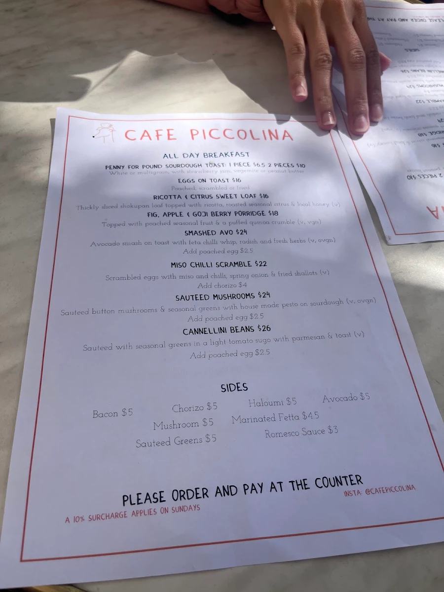 Menu, Cafe Tesorina