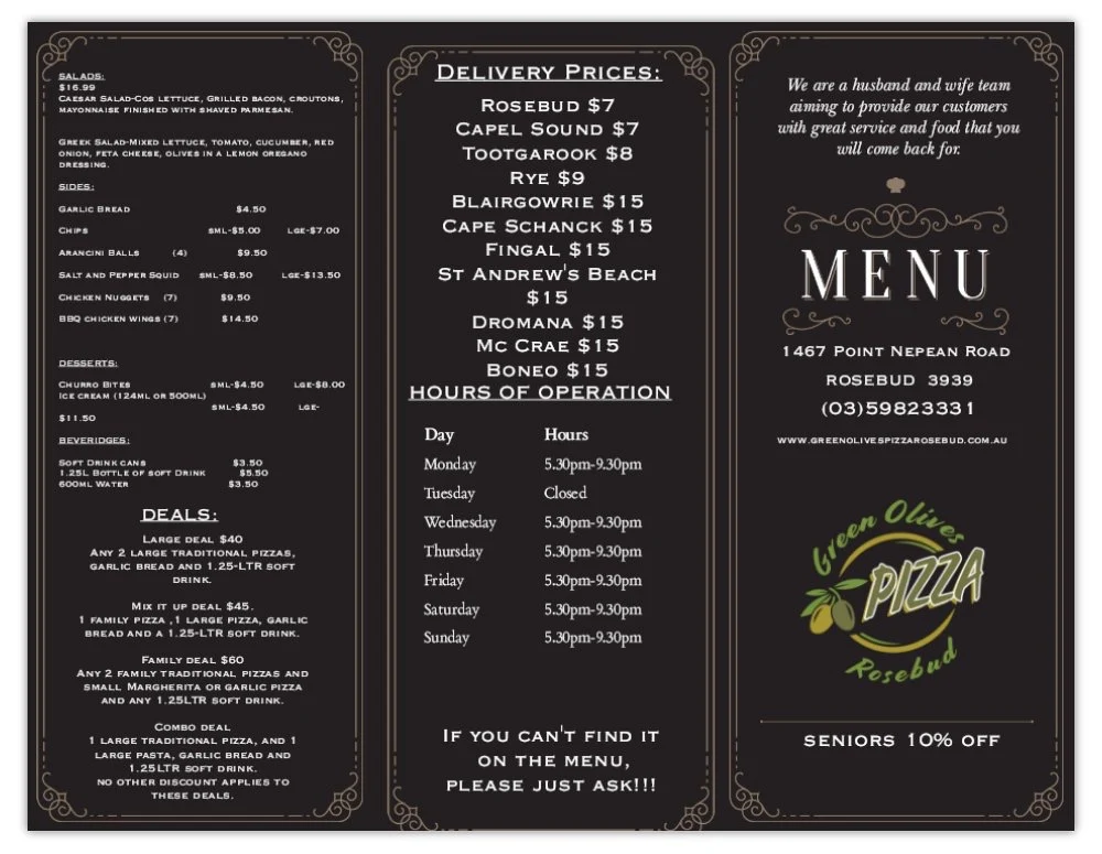 Menu, Green Olives Pizza