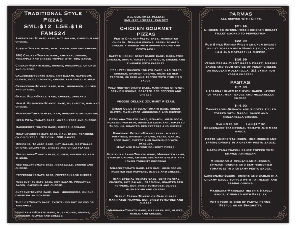 Menu, Green Olives Pizza