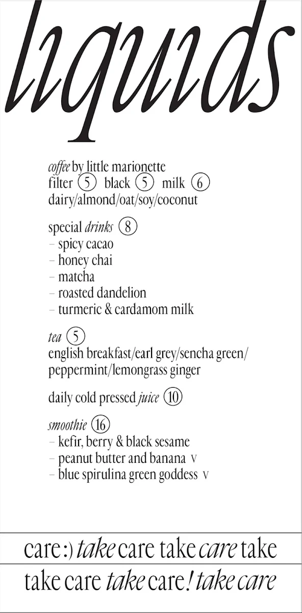 Menu, Take Care