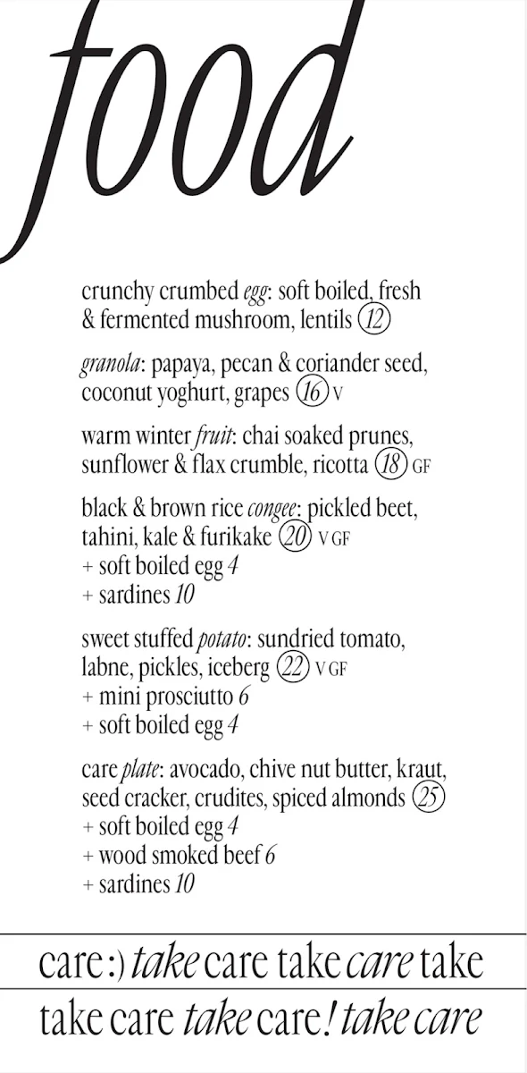 Menu, Take Care