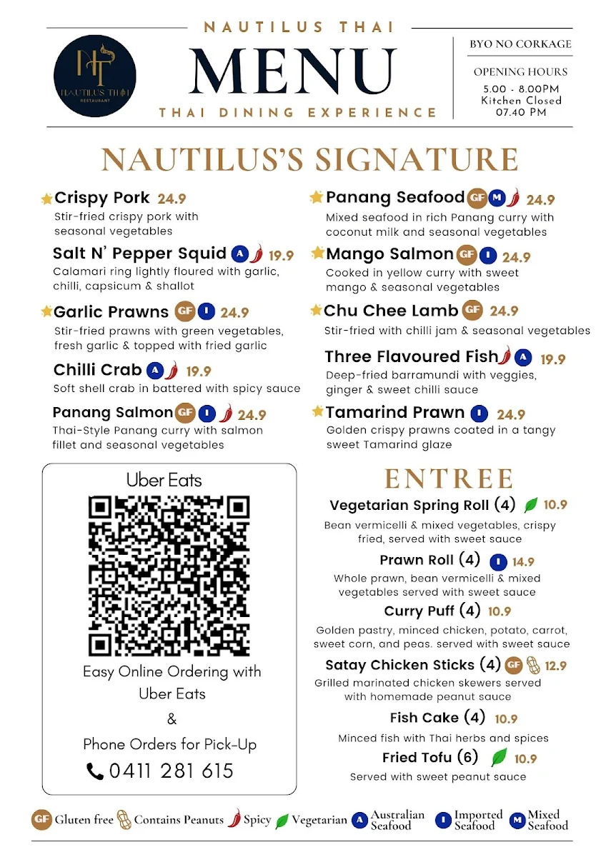 Menu, Nautilus Thai Gourmet