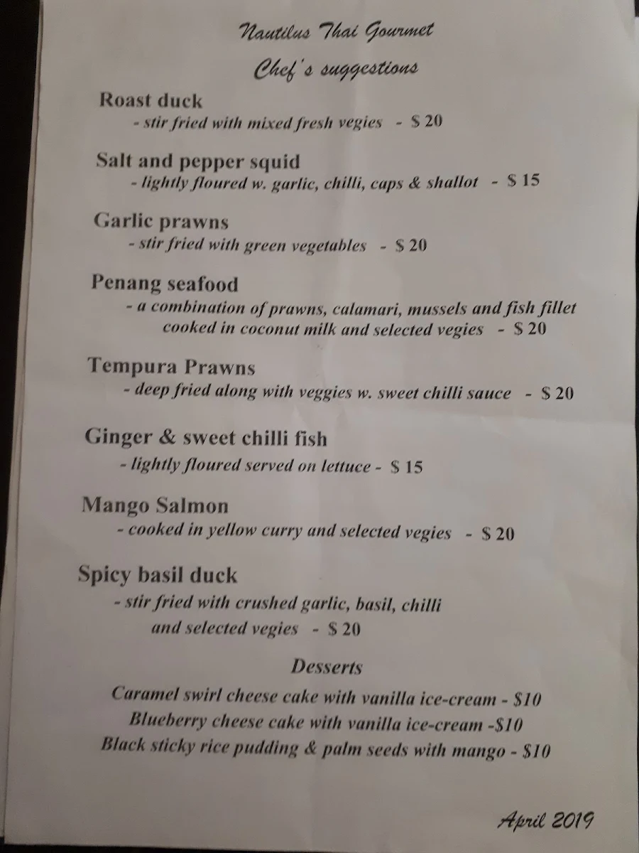 Menu, Nautilus Thai Gourmet