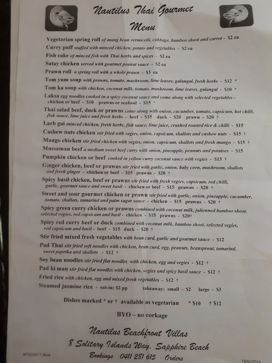 Menu, Nautilus Thai Gourmet