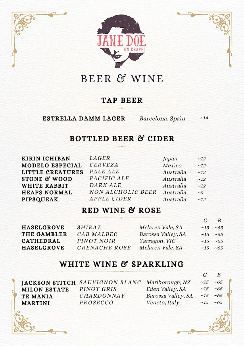 Menu, Jane Doe Bar