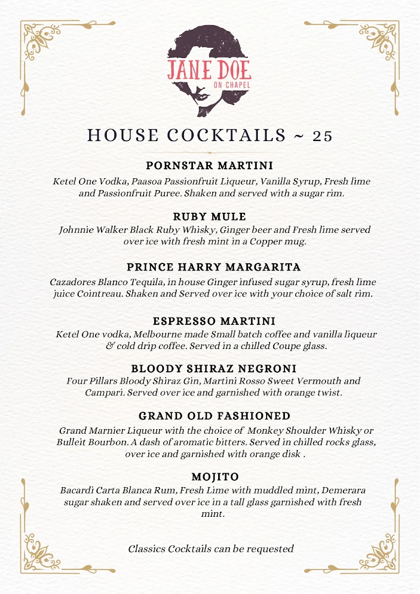 Menu, Jane Doe Bar