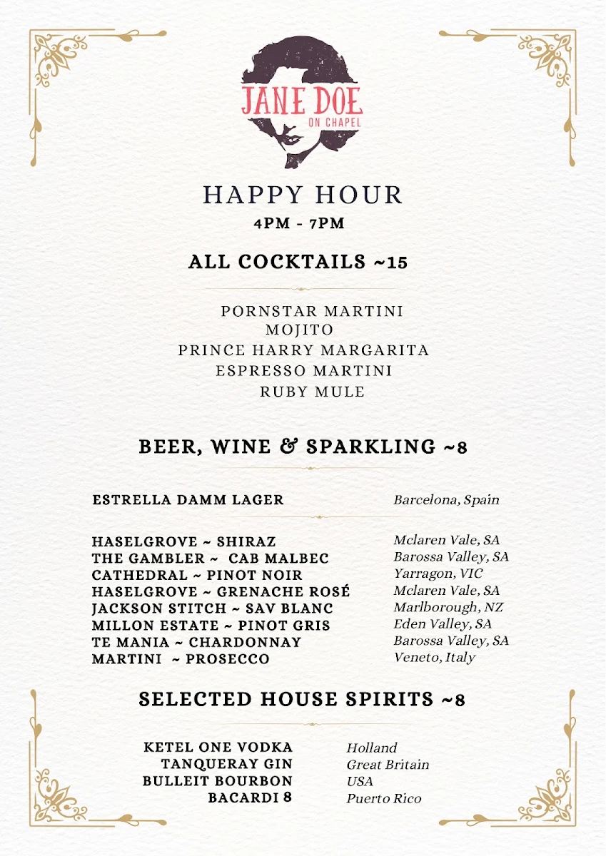 Menu, Jane Doe Bar