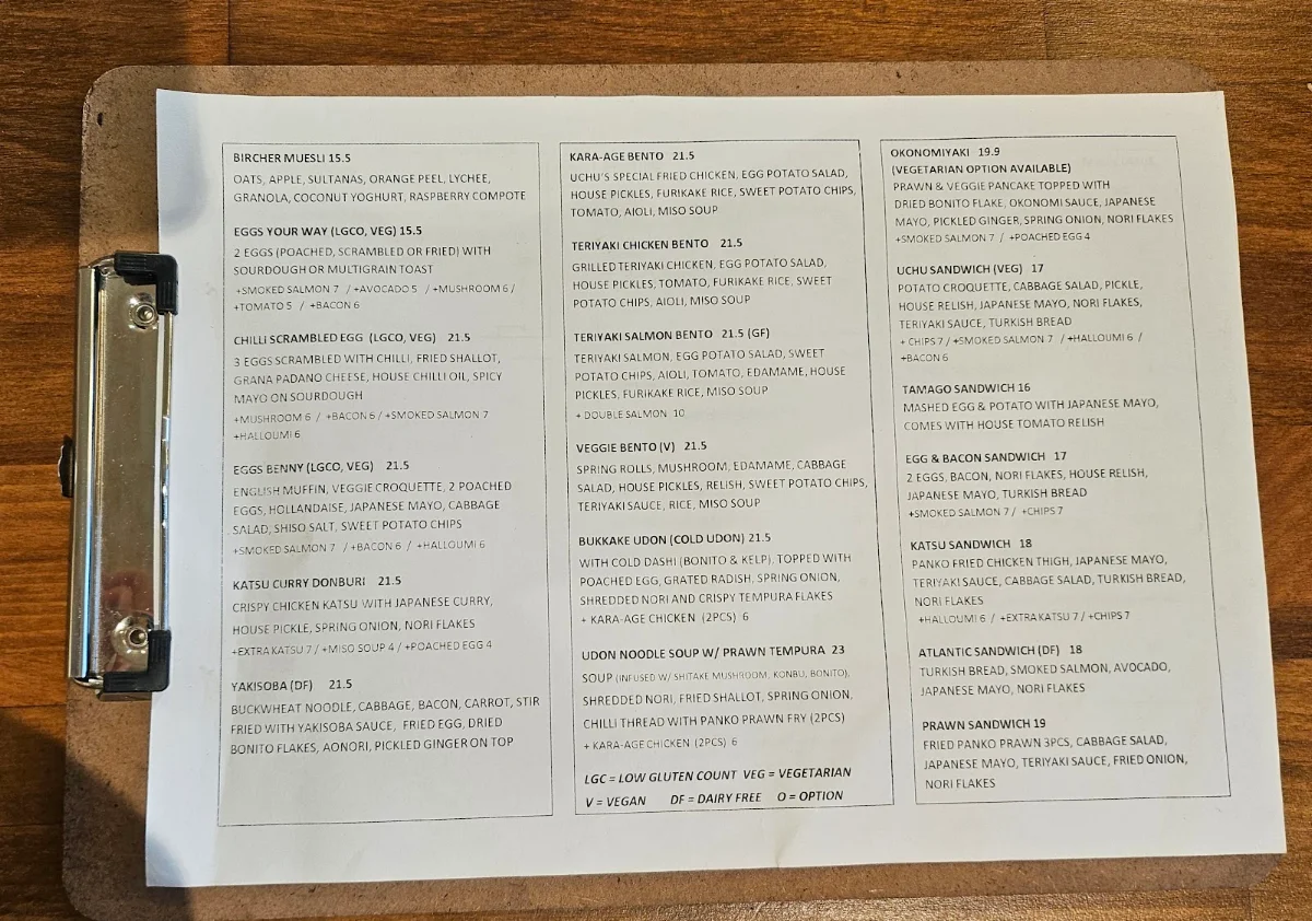 Menu, Uchu Cafe