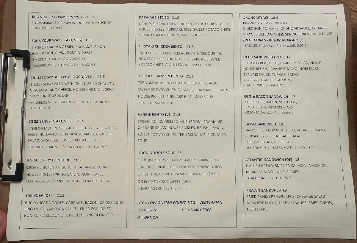 Menu, Uchu Cafe