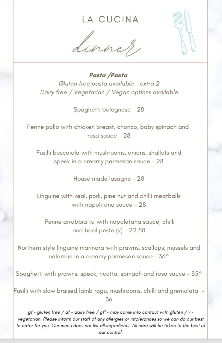 Menu, La Cucina