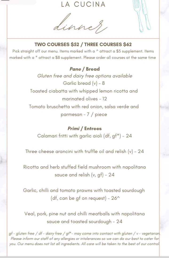 Menu, La Cucina