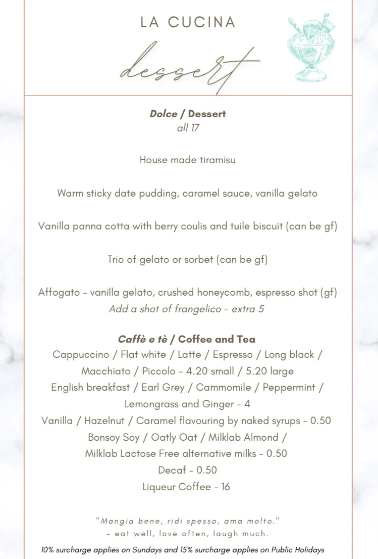 Menu, La Cucina