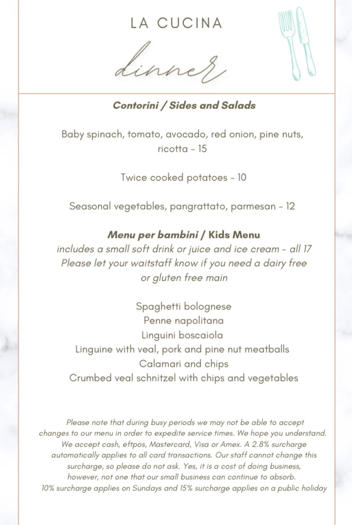 Menu, La Cucina