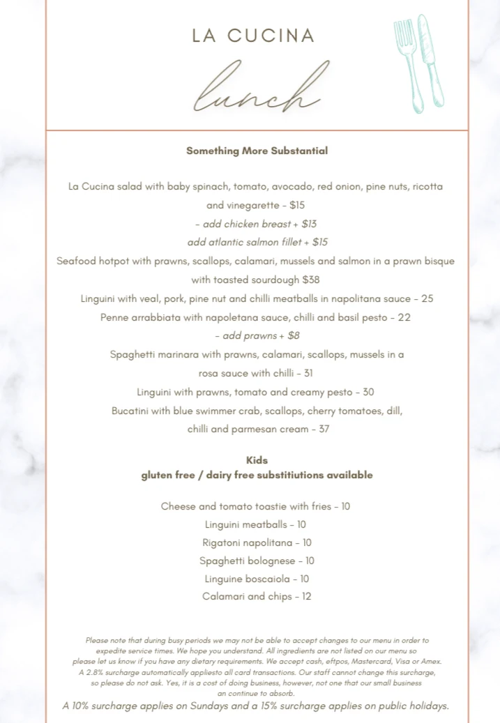 Menu, La Cucina