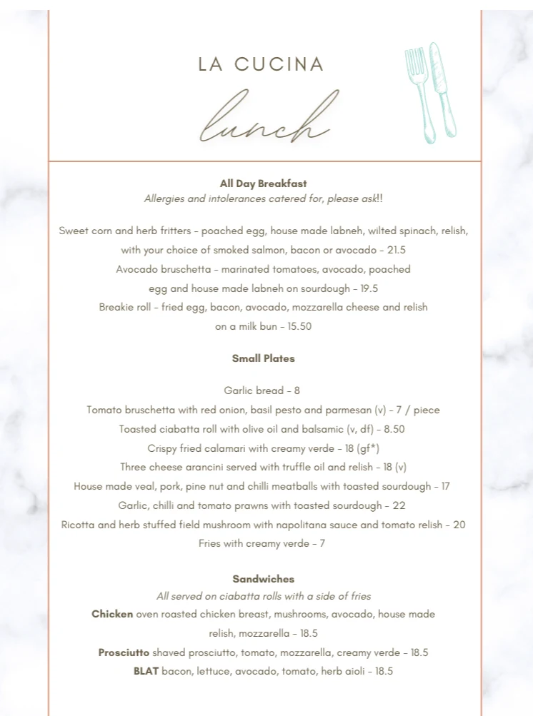 Menu, La Cucina