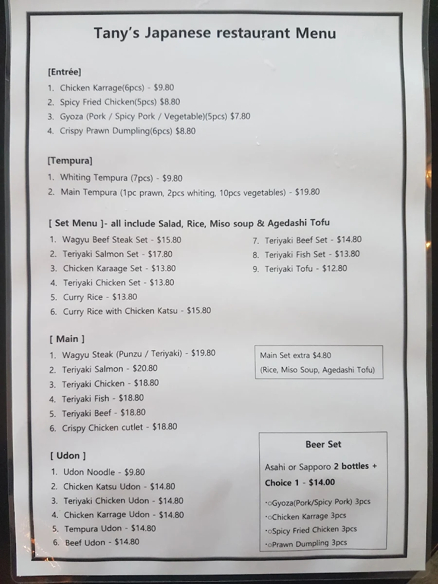 Menu, Tany's Japanese Restaurant
