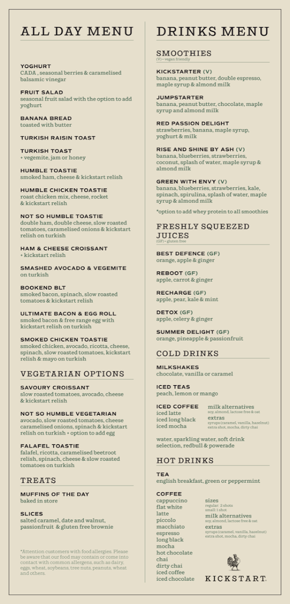 Menu, Kickstart Expresso Belconnen