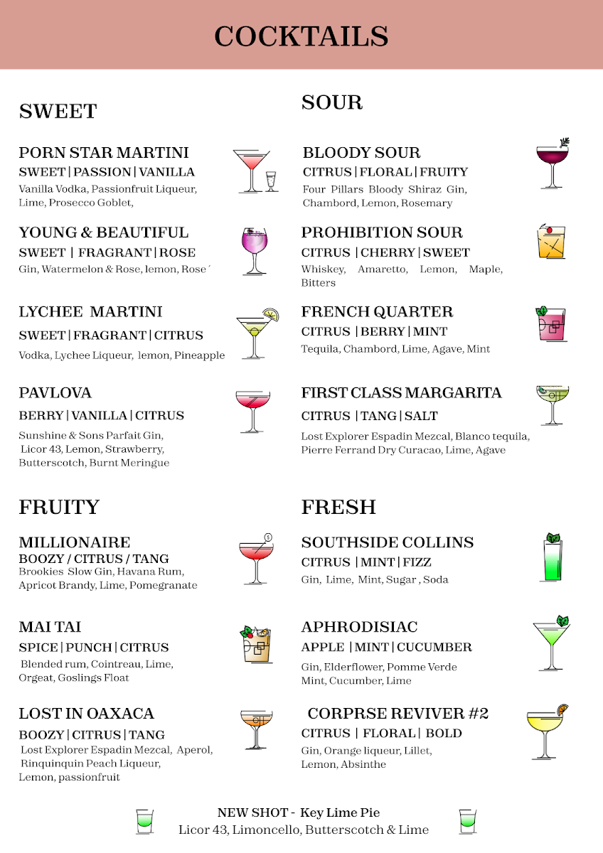 Menu, Boston Shaker Bar