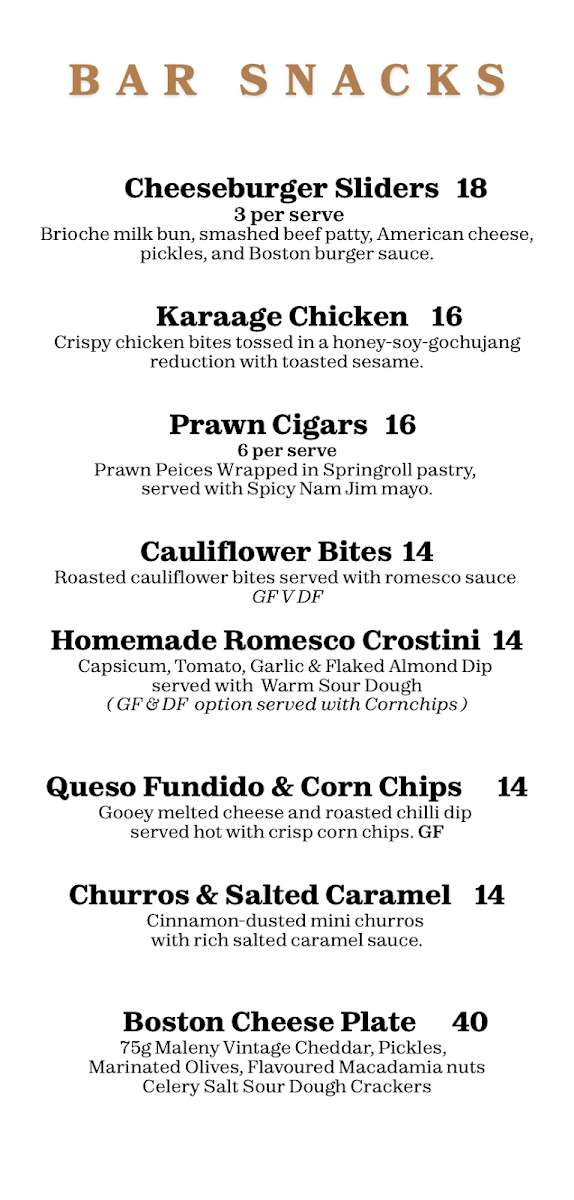 Menu, Boston Shaker Bar