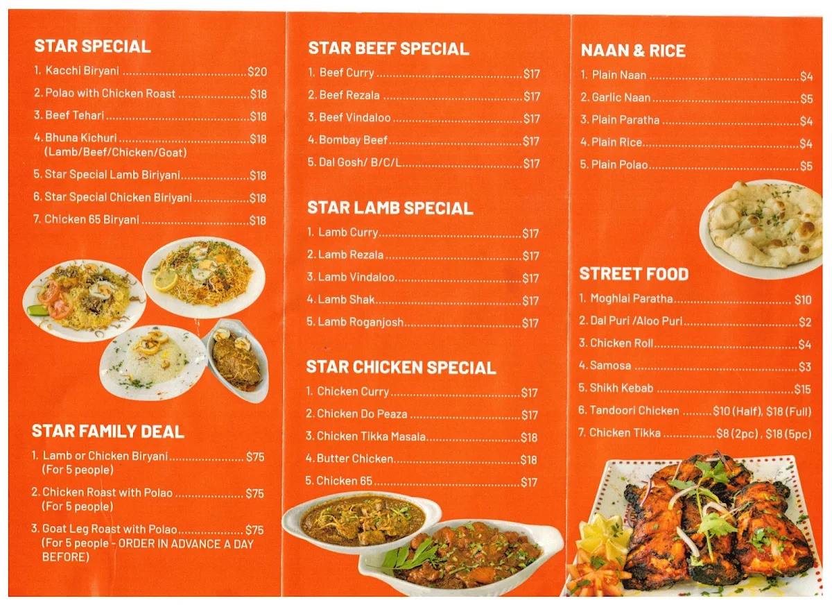 Menu, Star Biryani Rockdale